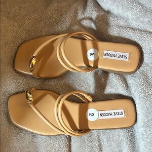 Steve Madden Tan Strappy Square-Toe Slide Sandals with Gold Accent